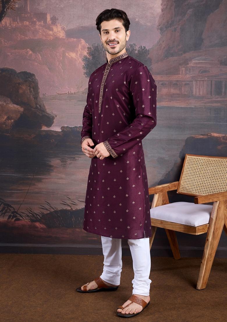 Purple Woven Art Silk Kurta Sets For Men