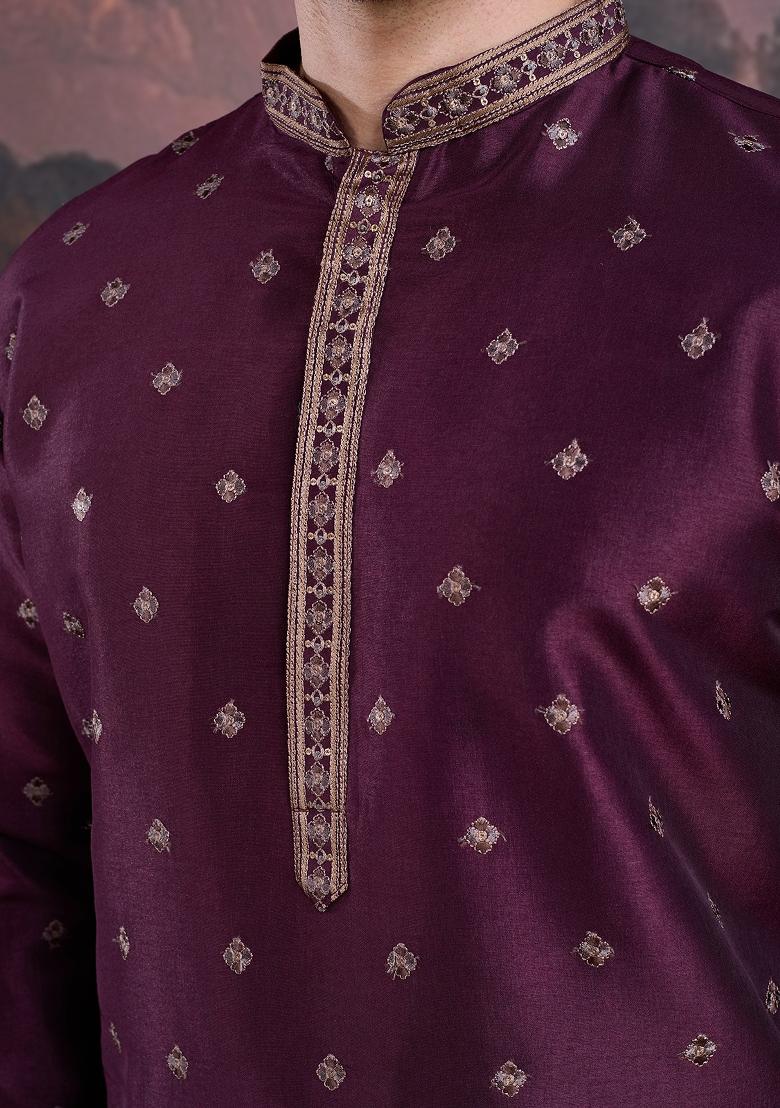 Purple Woven Art Silk Kurta Sets For Men