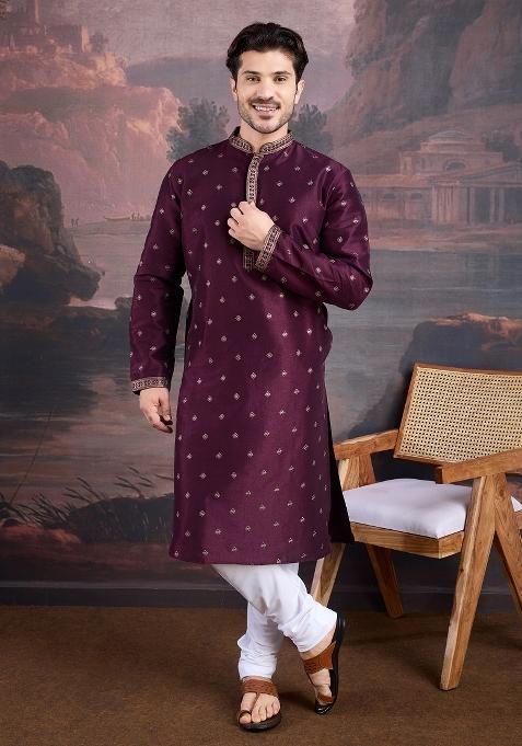 Purple Woven Art Silk Kurta Sets For Men