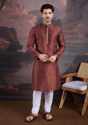 Maroon Woven Art Silk Kurta Sets For Men