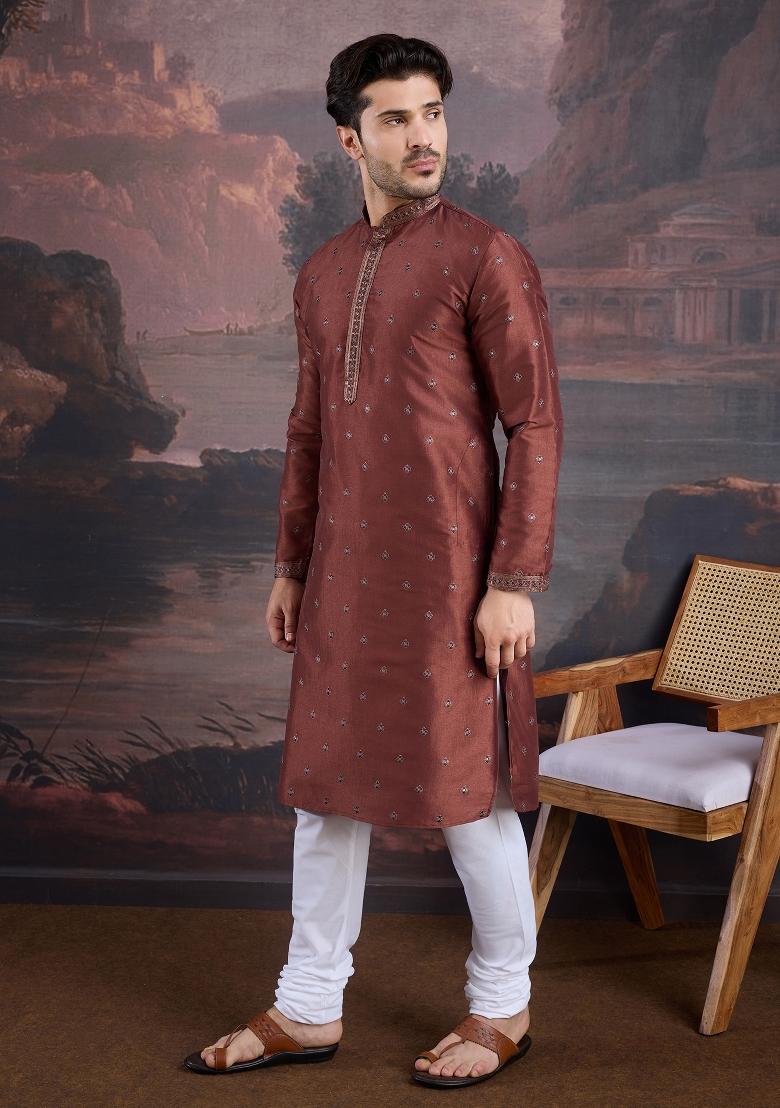 Maroon Woven Art Silk Kurta Sets For Men