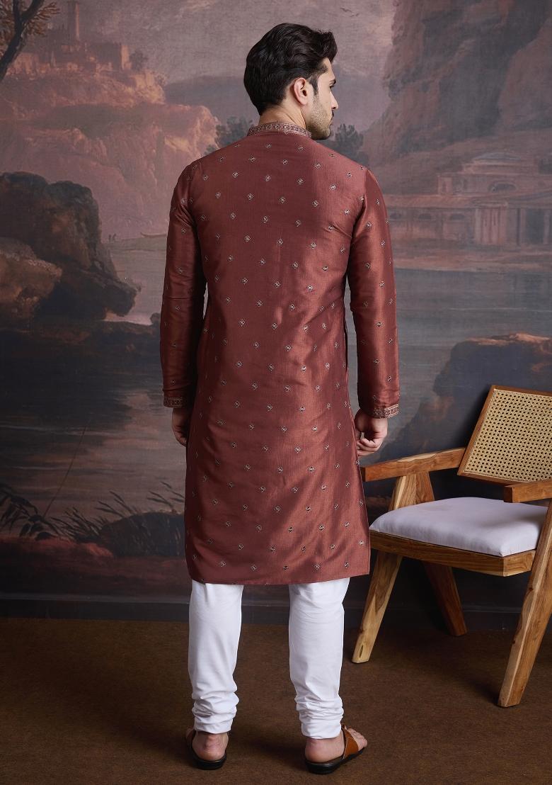 Maroon Woven Art Silk Kurta Sets For Men