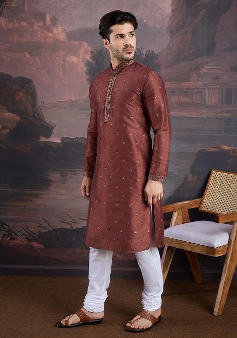 Maroon Woven Art Silk Kurta Sets For Men