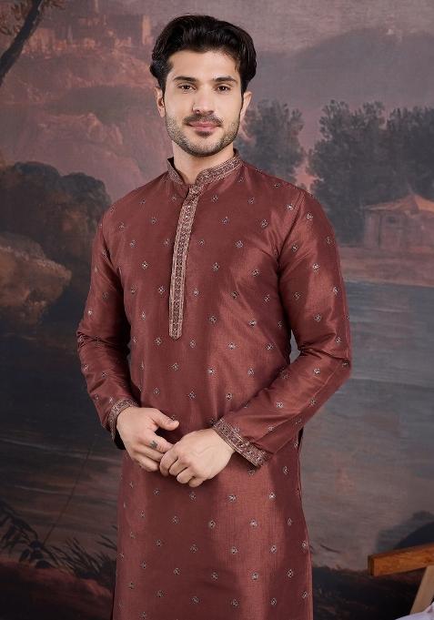 Maroon Woven Art Silk Kurta Sets For Men