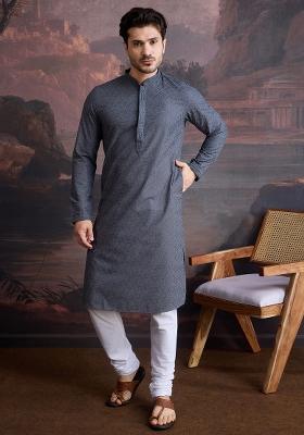 Grey Chikankari Cotton Kurta Sets For Men
