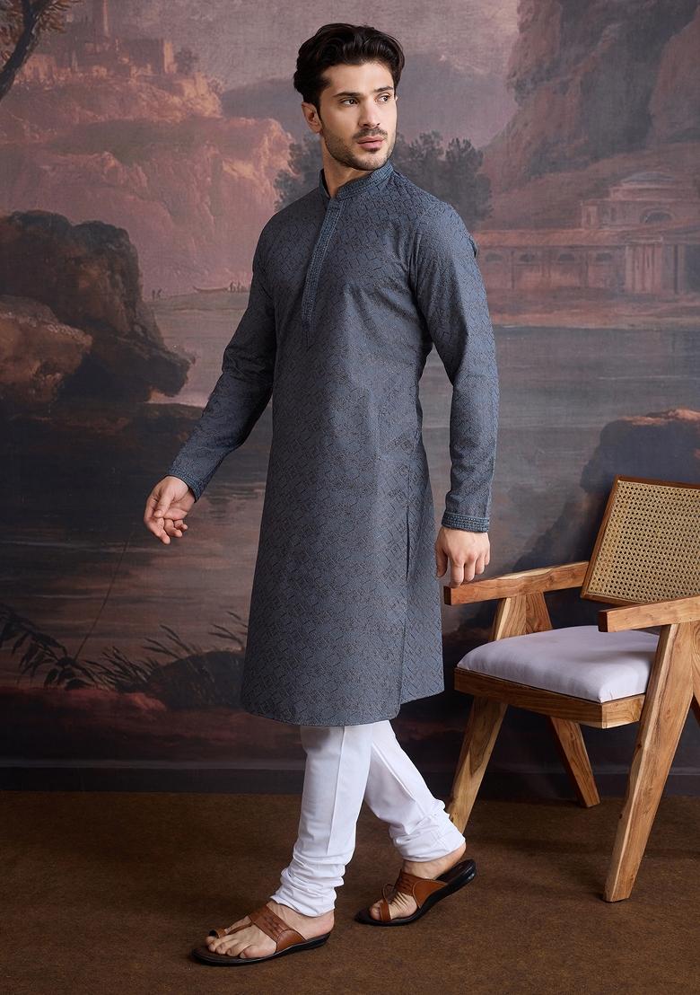 Grey Chikankari Cotton Kurta Sets For Men