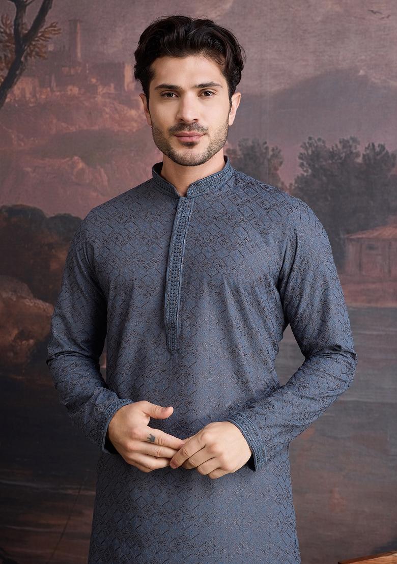 Grey Chikankari Cotton Kurta Sets For Men