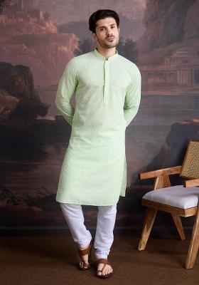 Kiwi Green Chikankari Cotton Kurta Sets For Men