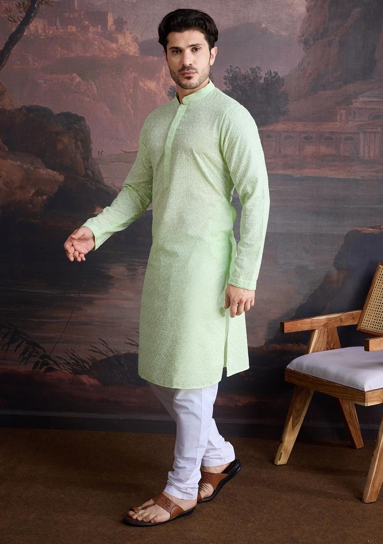 Kiwi Green Chikankari Cotton Kurta Sets For Men