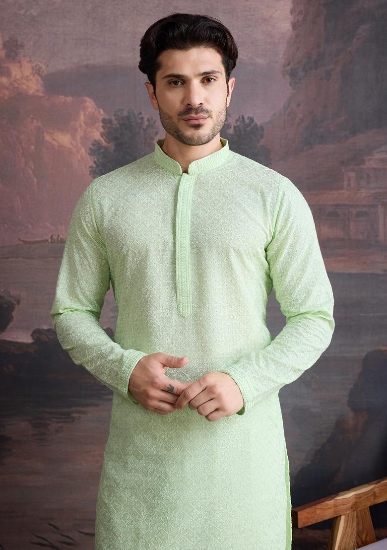 Kiwi Green Chikankari Cotton Kurta Sets For Men