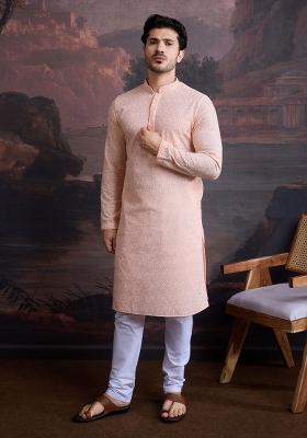 Light Pink Chikankari Cotton Kurta Sets For Men
