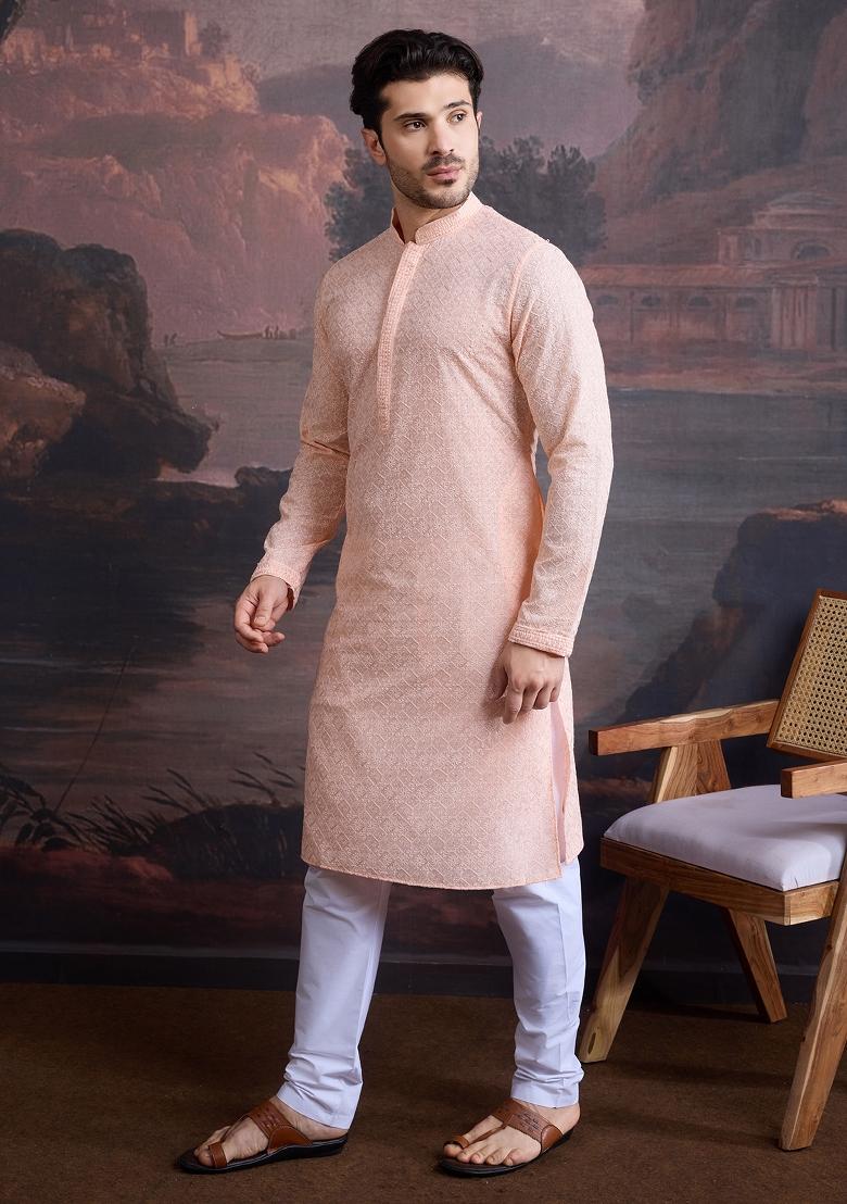 Light Pink Chikankari Cotton Kurta Sets For Men