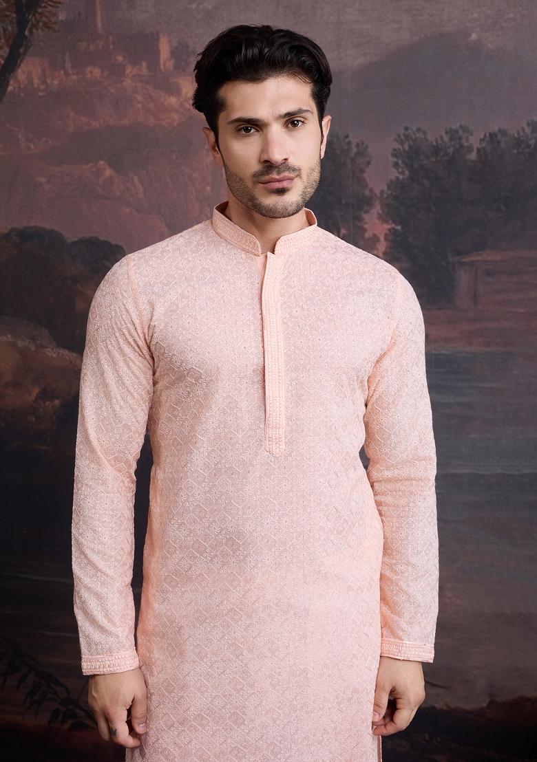 Light Pink Chikankari Cotton Kurta Sets For Men