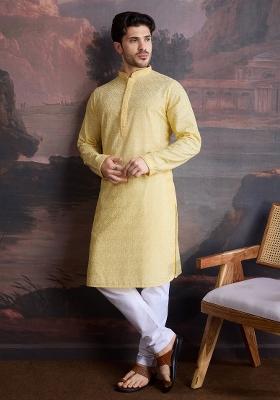 Light Yellow Chikankari Cotton Kurta Sets For Men