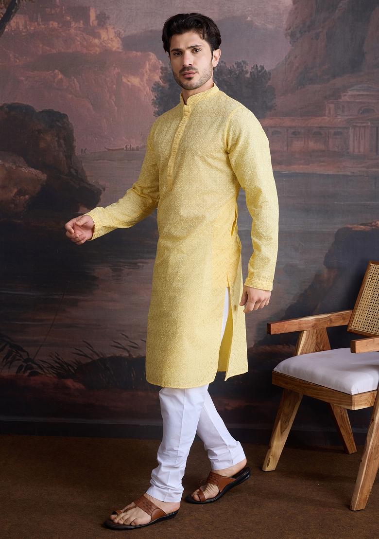 Light Yellow Chikankari Cotton Kurta Sets For Men