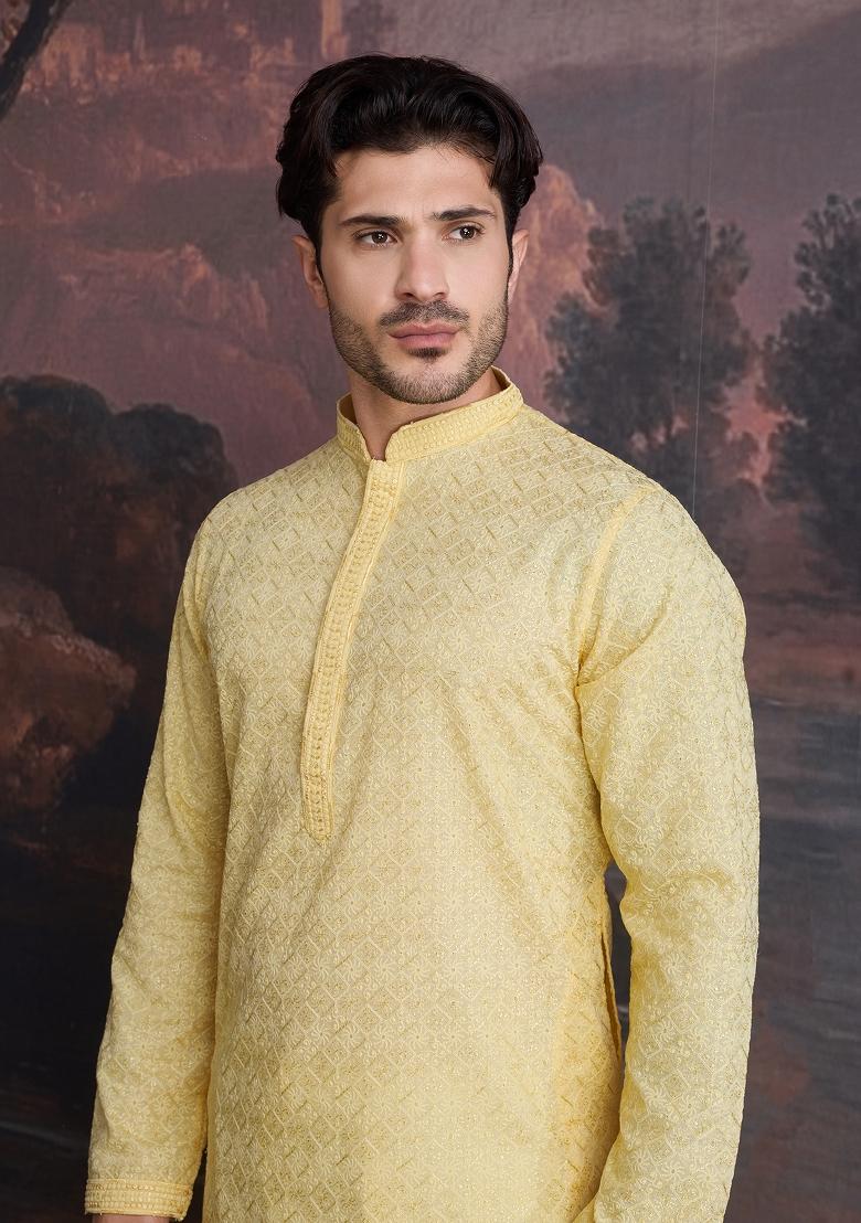 Light Yellow Chikankari Cotton Kurta Sets For Men