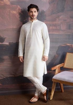 Off White Chikankari Cotton Kurta Sets For Men