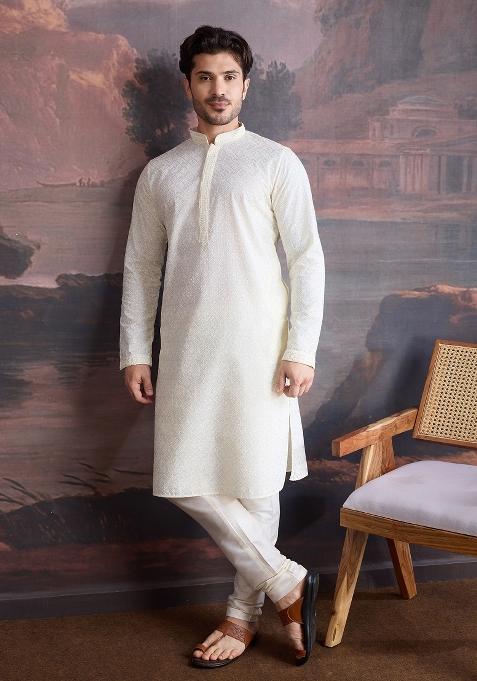 Off White Chikankari Cotton Kurta Sets For Men