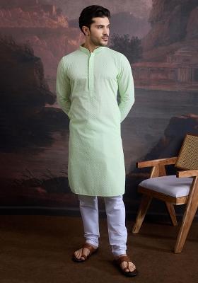Green Chikankari Cotton Kurta Sets For Men