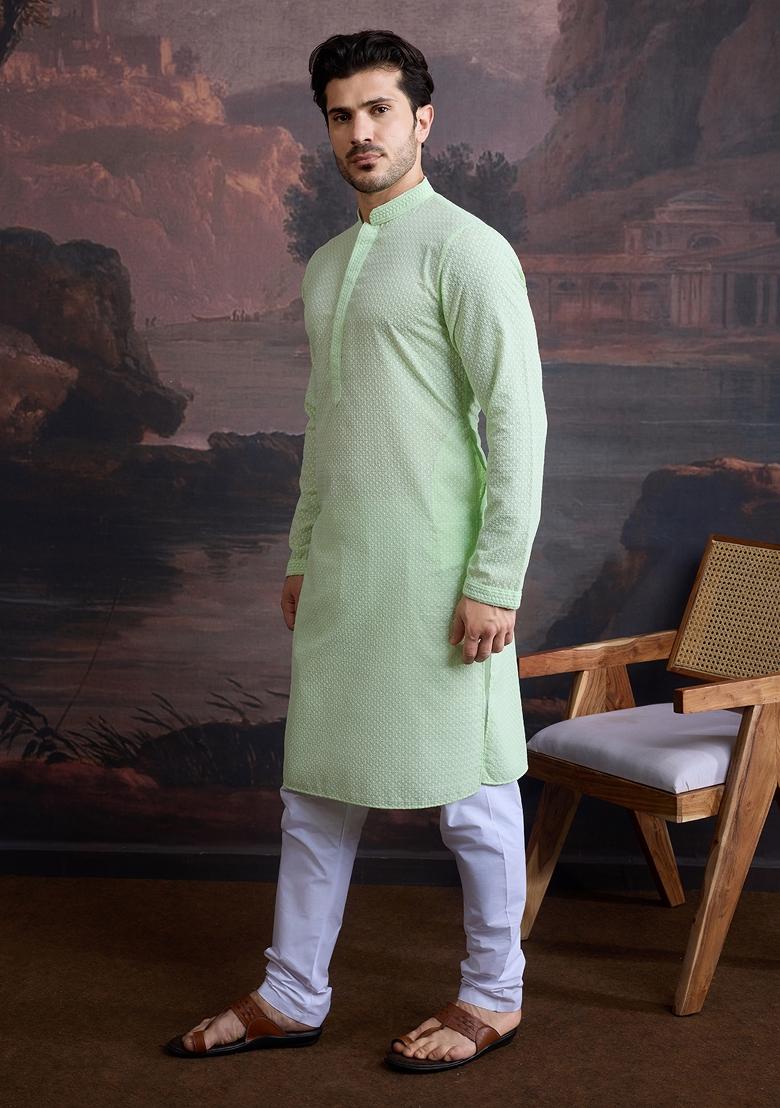 Green Chikankari Cotton Kurta Sets For Men