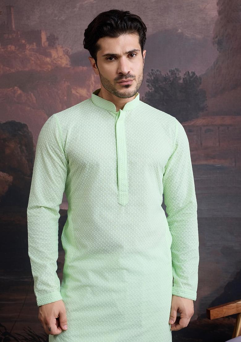 Green Chikankari Cotton Kurta Sets For Men