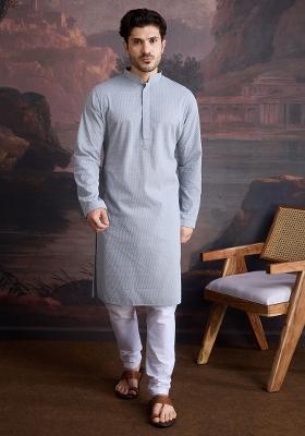 Grey Chikankari Cotton Kurta Sets For Men