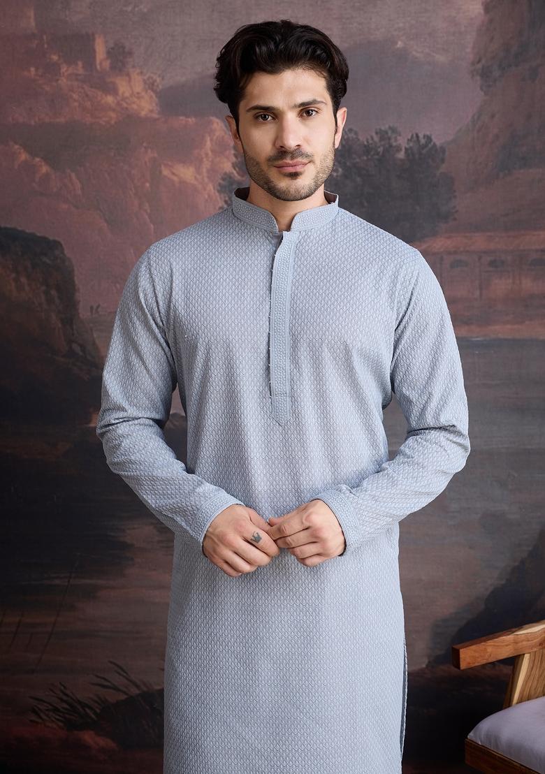 Grey Chikankari Cotton Kurta Sets For Men