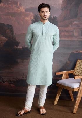 Light Green Chikankari Cotton Kurta Sets For Men