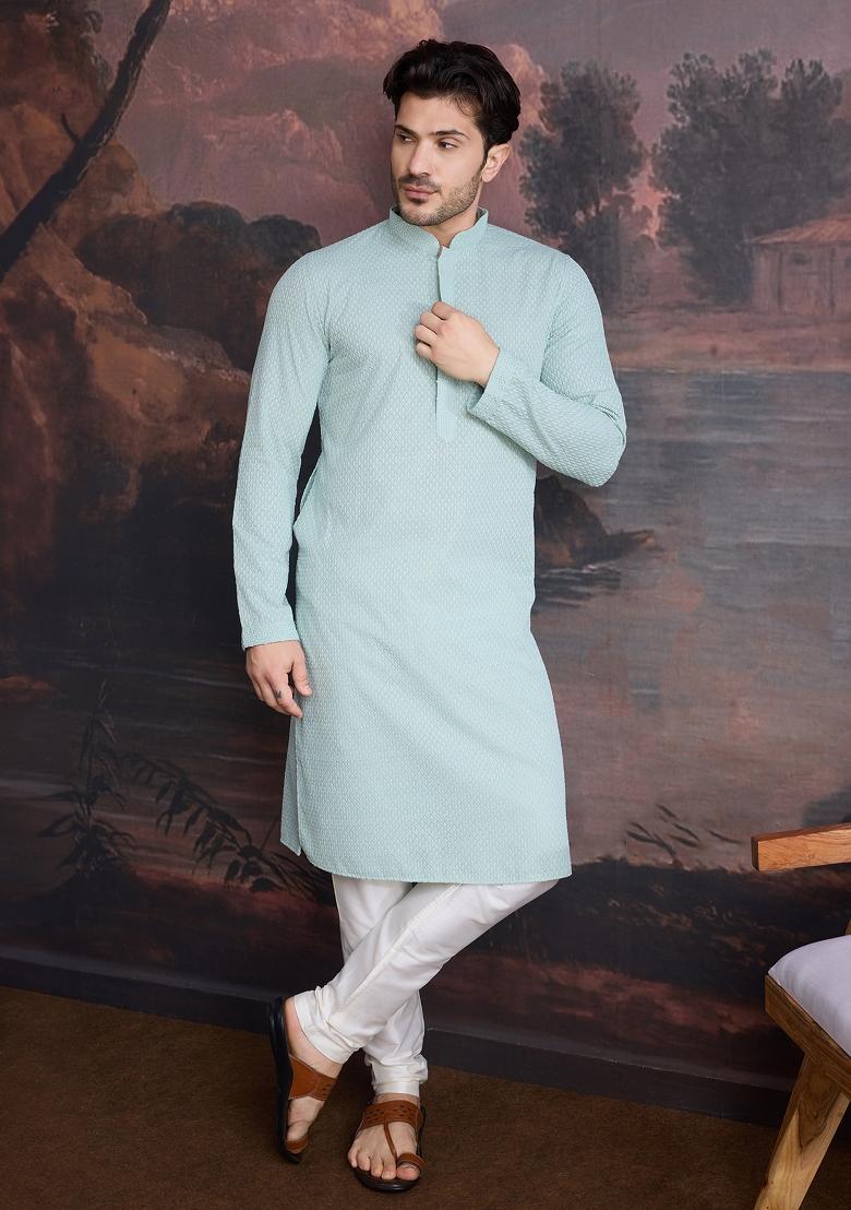 Light Green Chikankari Cotton Kurta Sets For Men