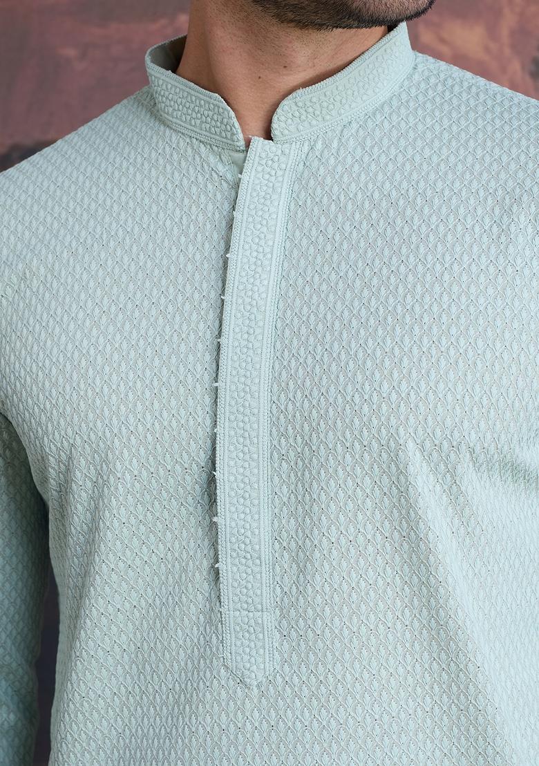 Light Green Chikankari Cotton Kurta Sets For Men