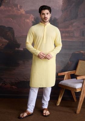 Light Yellow Chikankari Cotton Kurta Sets For Men