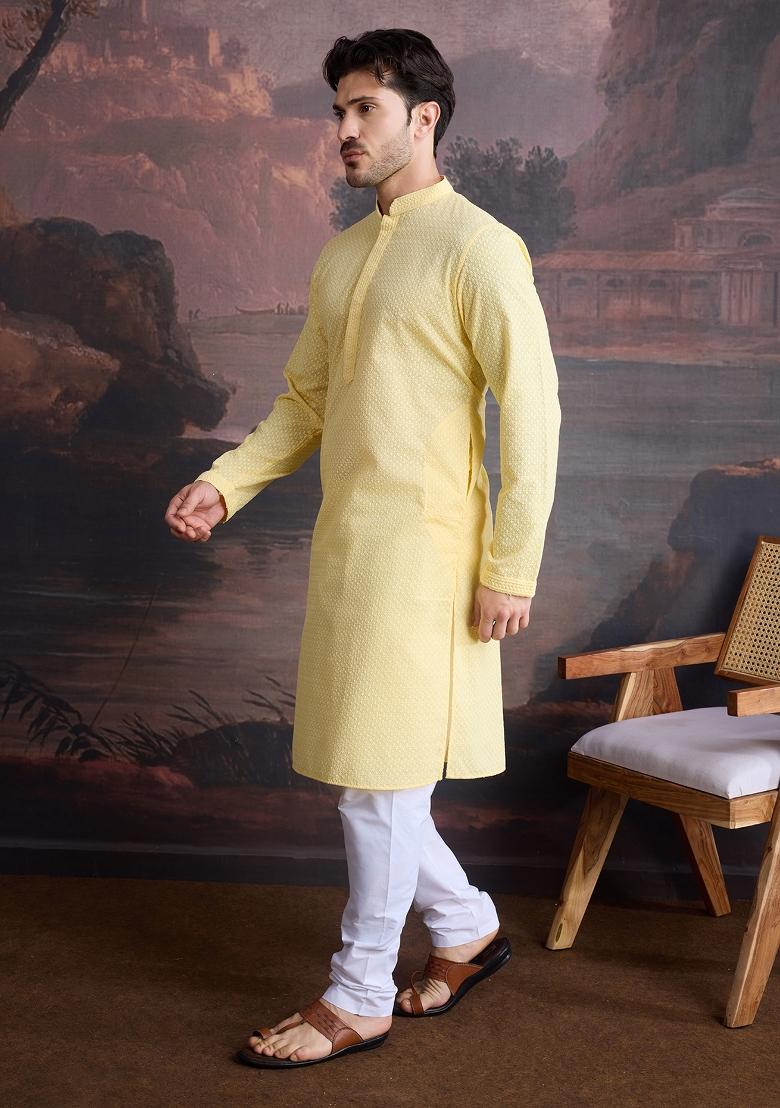Light Yellow Chikankari Cotton Kurta Sets For Men