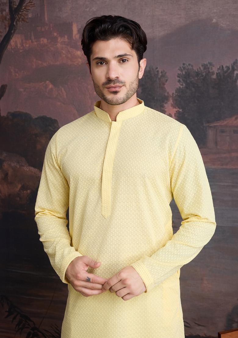 Light Yellow Chikankari Cotton Kurta Sets For Men