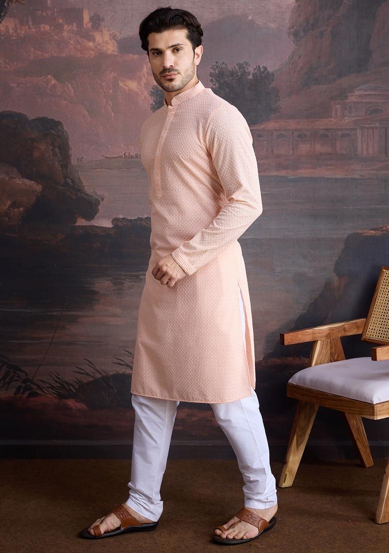 Peach Chikankari Cotton Kurta Sets For Men