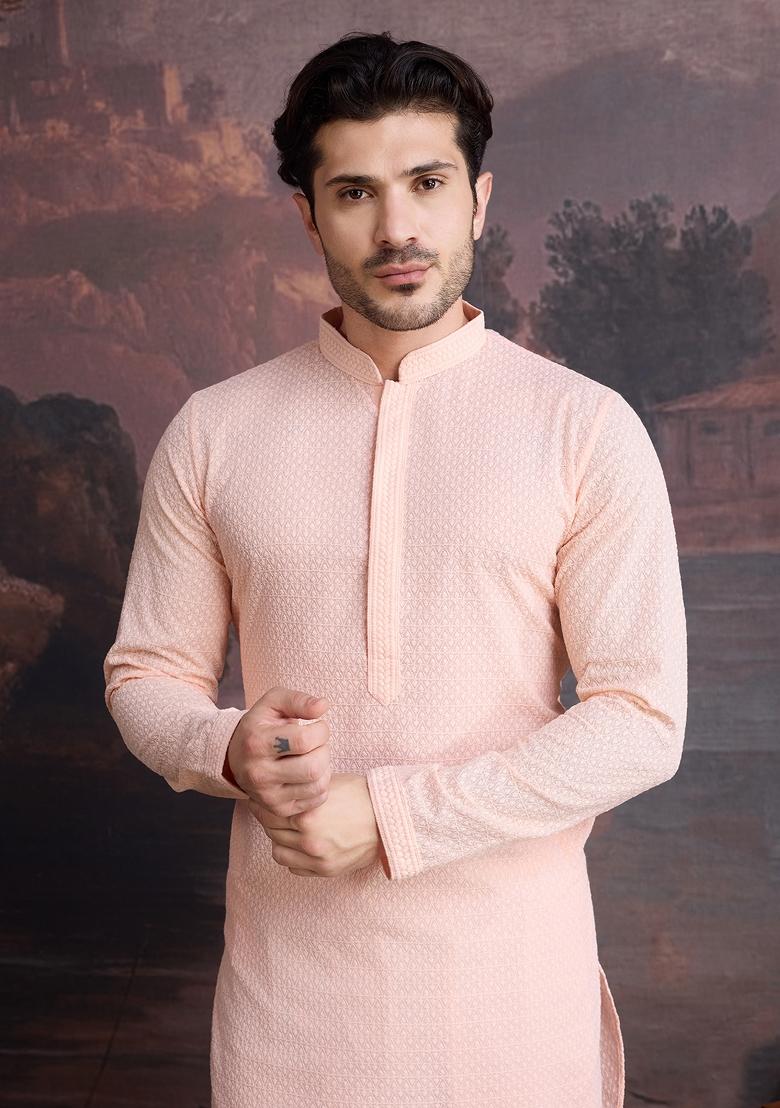 Peach Chikankari Cotton Kurta Sets For Men