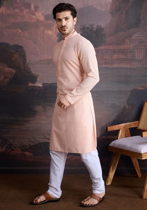 Peach Chikankari Cotton Kurta Sets For Men