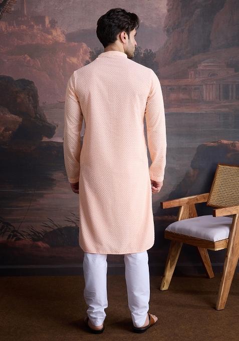 Peach Chikankari Cotton Kurta Sets For Men