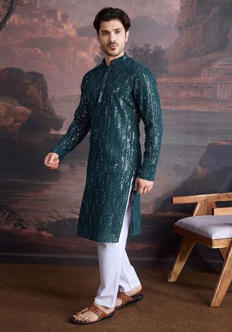 Firozi Chikankari Cotton Kurta Sets For Men