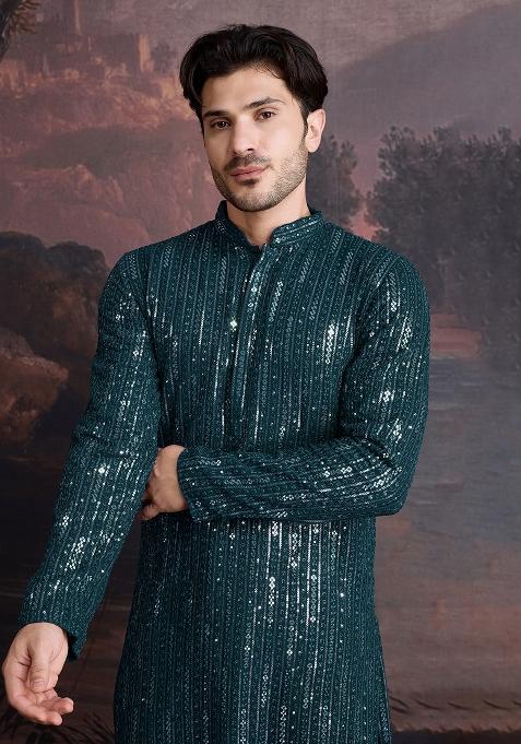 Firozi Chikankari Cotton Kurta Sets For Men