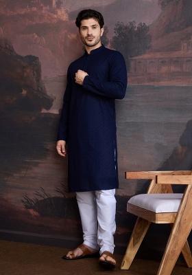 Deep Blue Chikankari Cotton Kurta Sets For Men