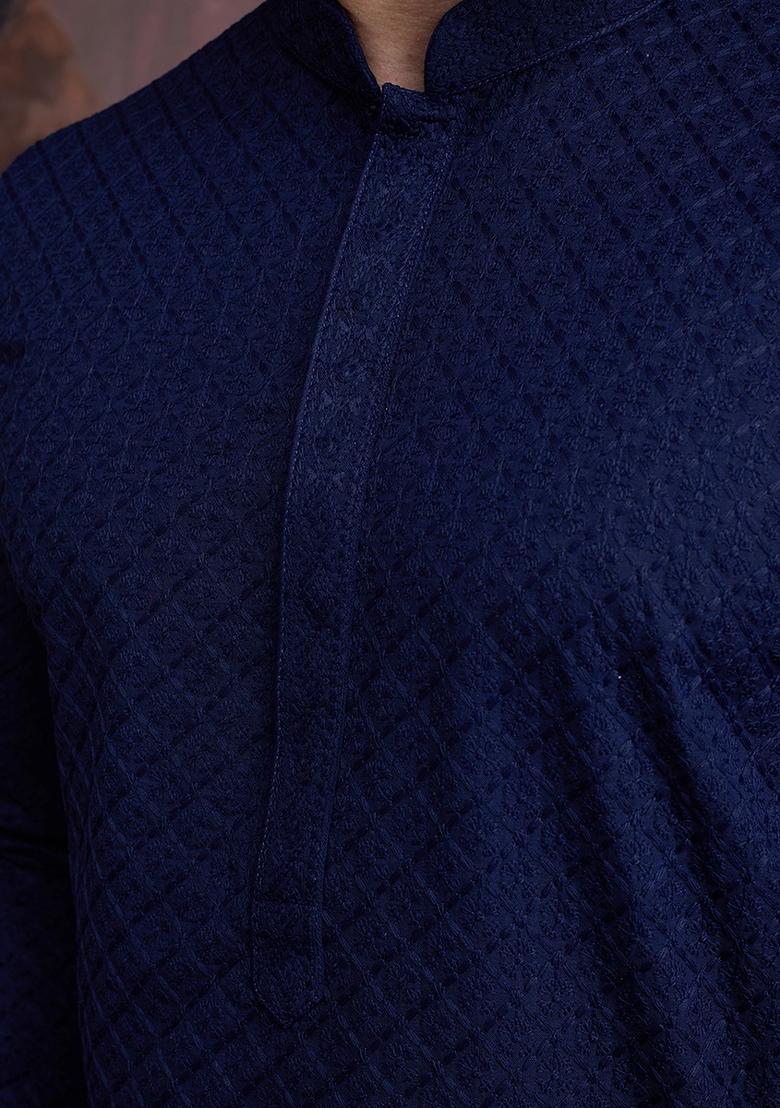 Deep Blue Chikankari Cotton Kurta Sets For Men