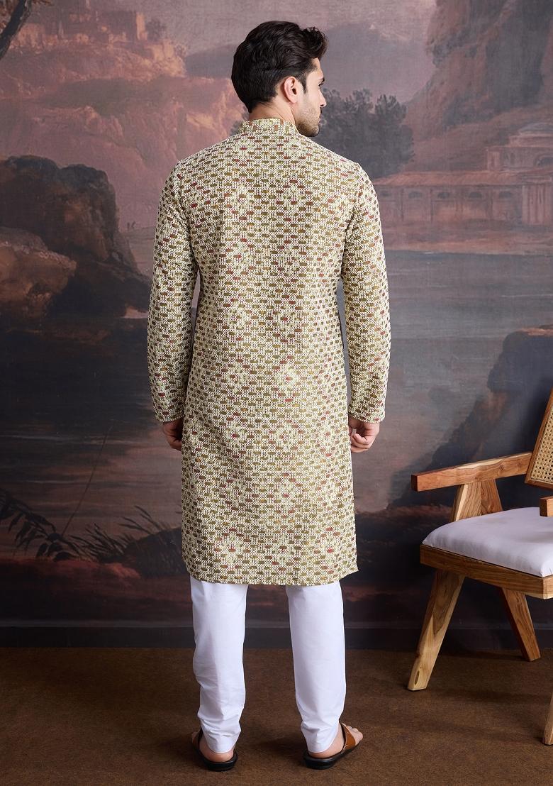 Gold Sequin Embroidered Cotton Kurta Sets For Men