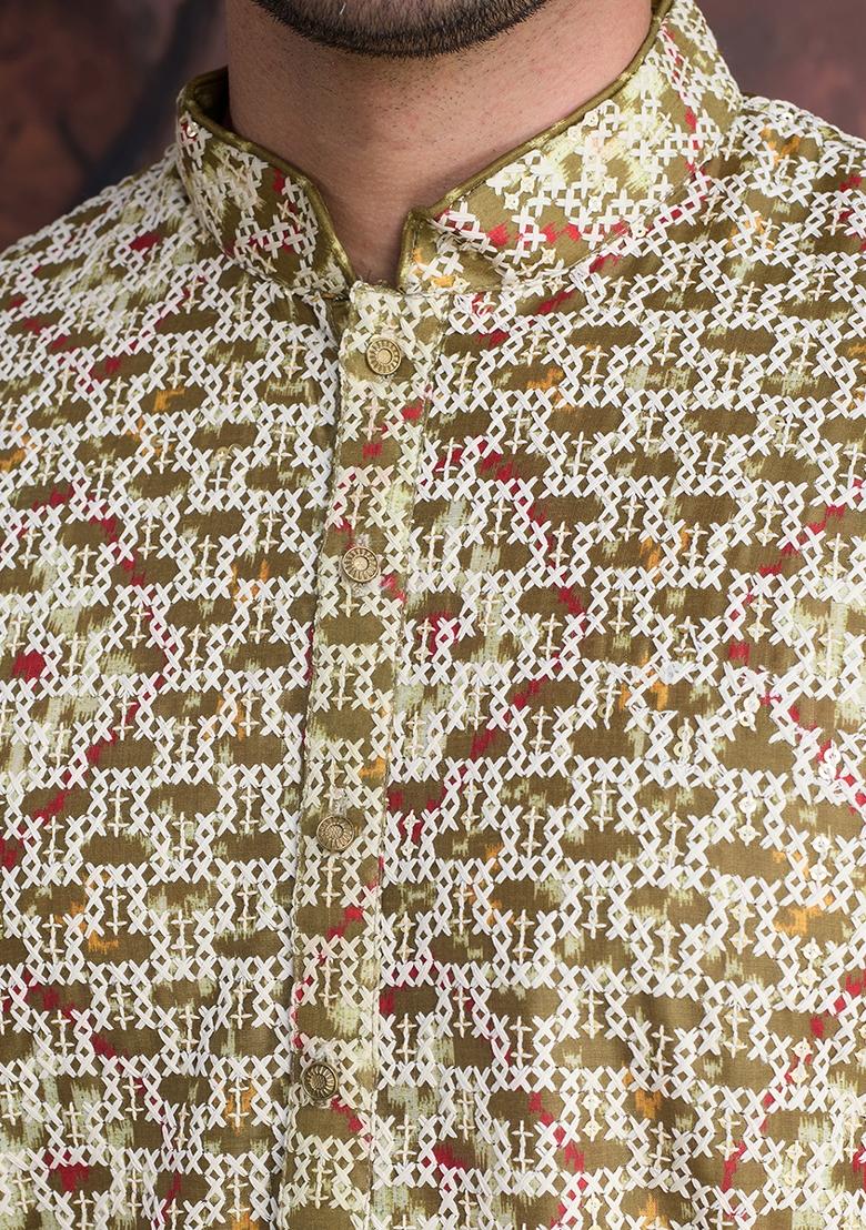 Gold Sequin Embroidered Cotton Kurta Sets For Men - Indya