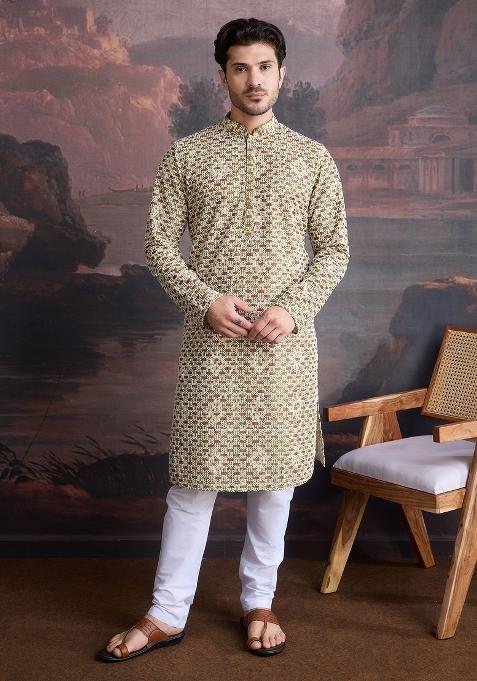 Gold Sequin Embroidered Cotton Kurta Sets For Men