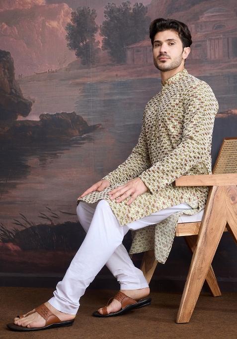Gold Sequin Embroidered Cotton Kurta Sets For Men