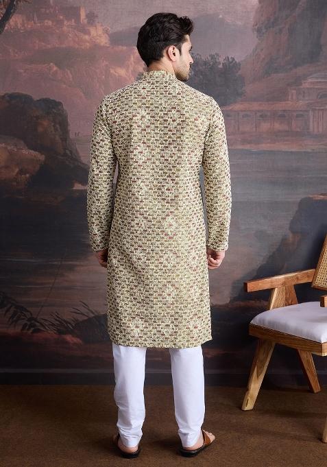 Gold Sequin Embroidered Cotton Kurta Sets For Men