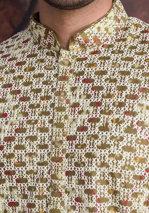 Gold Sequin Embroidered Cotton Kurta Sets For Men