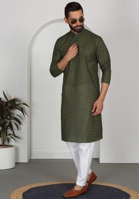Green Chikan Embroided Cotton Kurta For Men
