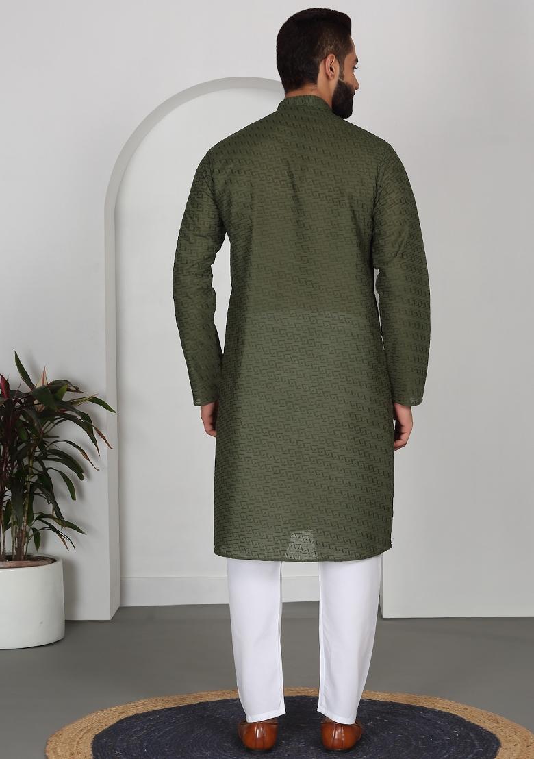 Green Chikan Embroided Cotton Kurta For Men