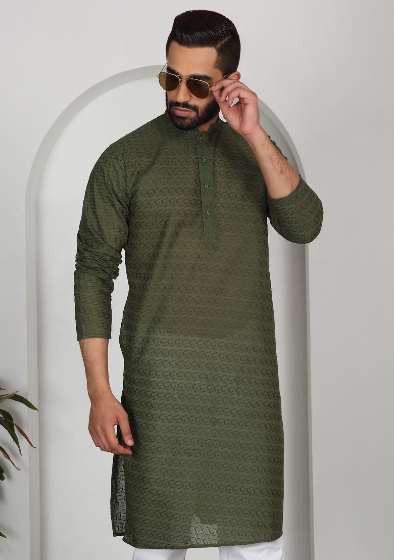 Green Chikan Embroided Cotton Kurta For Men